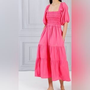 Xirena 100% Cotton Smocked Puff Sleeve Tiered Milk Maid Pink Chiara Maxi Dress S